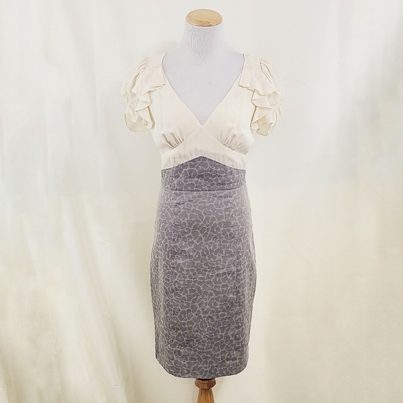 Rebecca Taylor sheath dress ivory silk gray leopard linen Office Women's size 4 - Picture 1 of 7